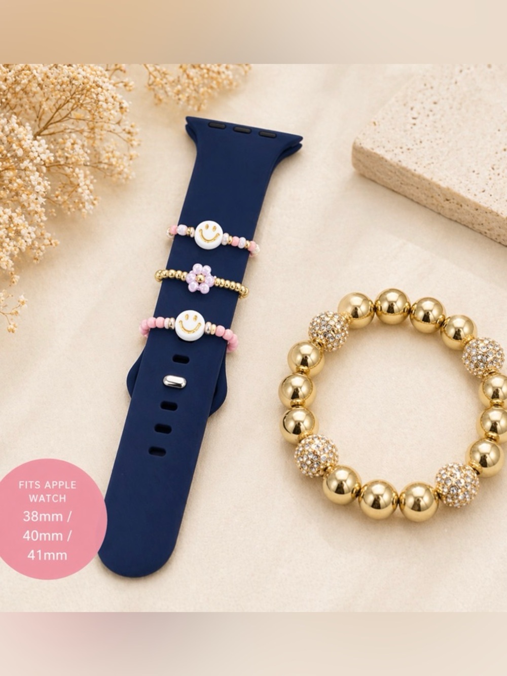 Navy Applewatch Band and Goldie Beaded Bracelet Stack